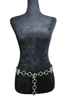 Vintage 90's B&C Black Leather Silvertone Chain Link Belt Size L